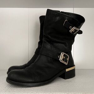 Vince Camuto Black Soft Leather Mid-Calf Boots Gold Hardware